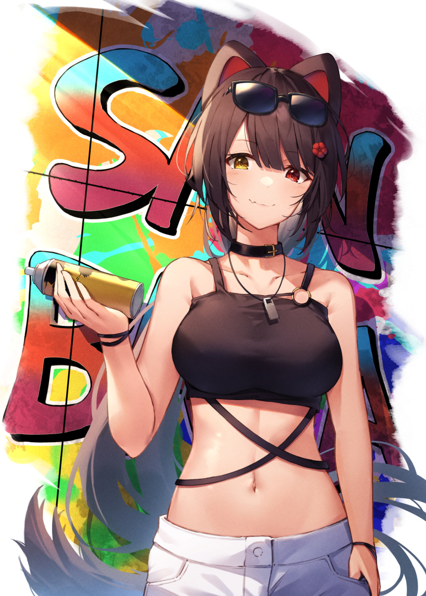 1girl absurdres bare_shoulders black-framed_eyewear blush breasts buckle closed_mouth collar cowboy_shot crop_top eyewear_on_head fang fang_out graffiti heterochromia highres holding inui_toko large_breasts long_hair looking_at_viewer low_ponytail navel nijisanji redhead skin_fang smile solo stomach sunglasses tail very_long_hair virtual_youtuber whistle whistle_around_neck wristband yellow_eyes yuuki_nao_(pixiv10696483)