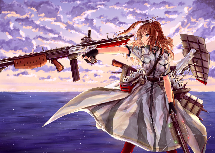 1girl absurdres black_gloves breast_pocket breasts brown_hair cannon dress dual_wielding fingerless_gloves flight_deck gloves grey_eyes gun hair_between_eyes highres holding holding_crossbow holding_gun holding_weapon huge_filesize junk_life kantai_collection large_breasts neckerchief outdoors pocket ponytail red_legwear rigging saratoga_(kancolle) side_ponytail sidelocks smokestack_hair_ornament solo submachine_gun thompson_submachine_gun turret weapon white_dress