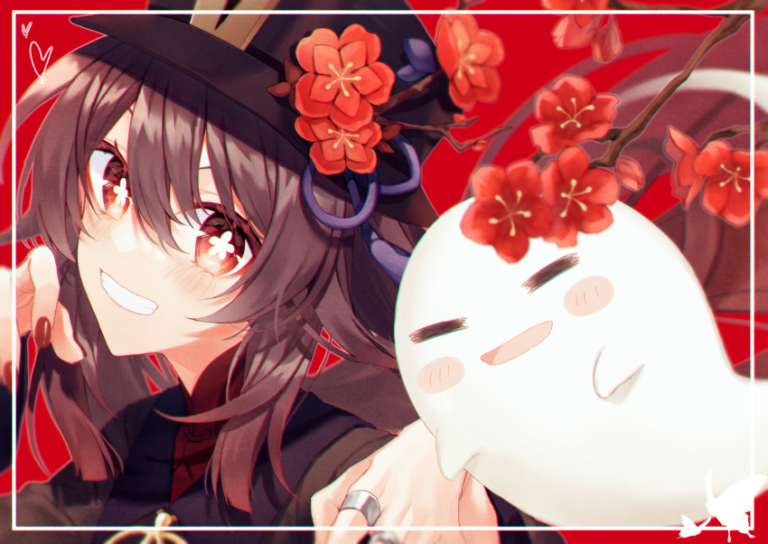 1girl absurdres bangs black_coat black_headwear blush breasts brown_hair chobo_ume claw_pose coat flower genshin_impact grin hat hat_flower highres hu_tao_(genshin_impact) huge_filesize jewelry long_hair long_sleeves looking_at_viewer plum_blossoms red_eyes ring small_breasts smile symbol-shaped_pupils twintails very_long_hair