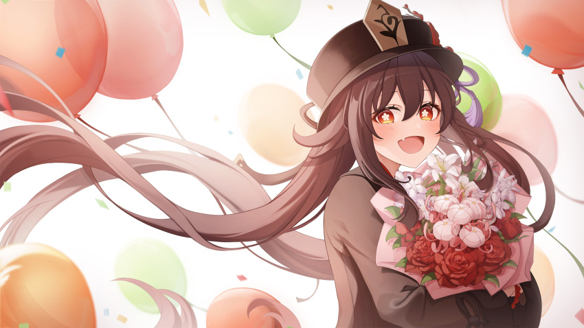 1girl :d balloon bangs blurry blurry_background blush bouquet brown_hair brown_headwear brown_shirt commentary_request confetti eyebrows_visible_through_hair fang floating_hair flower flower-shaped_pupils flower_request from_side genshin_impact gya_(144) hair_between_eyes highres holding holding_bouquet hu_tao_(genshin_impact) long_hair long_sleeves looking_at_viewer looking_to_the_side open_mouth red_eyes red_flower red_rose rose shirt simple_background skin_fang smile solo twintails very_long_hair white_background white_flower