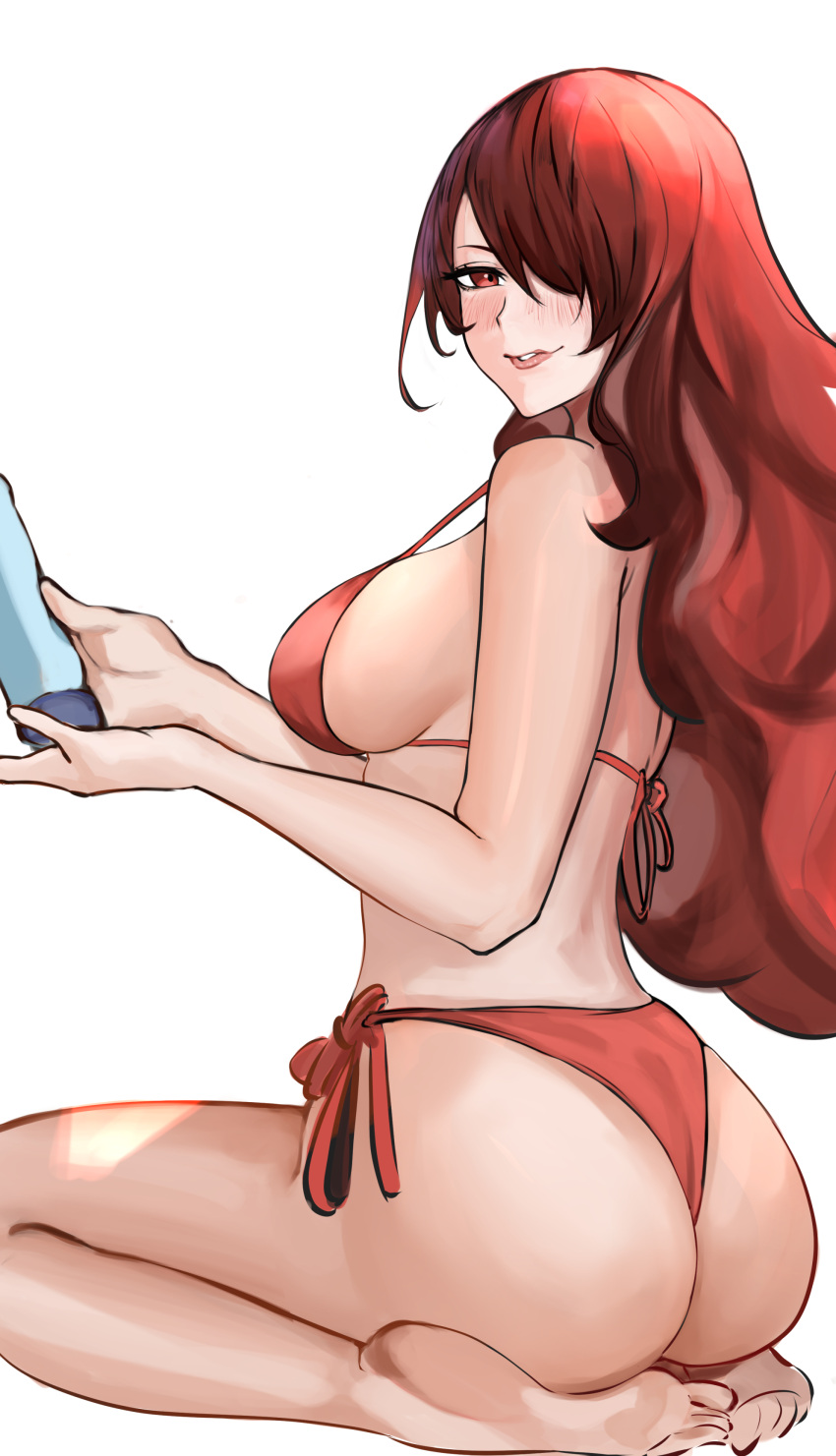 1girl absurdres ass barefoot bikini blush bottle breasts hair_over_one_eye highres holding holding_bottle kirijou_mitsuru large_breasts long_hair lotion_bottle nero_watch parted_lips persona persona_3 red_bikini red_eyes redhead sideboob sitting strap_gap swimsuit toes white_background