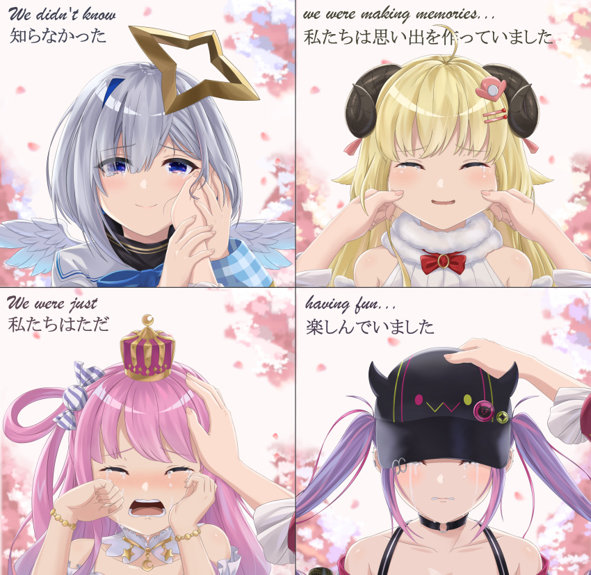 5girls absurdres amane_kanata angel_wings bilingual blonde_hair blue_hair blush bracelet candy_hair_ornament cheek_pinching choker colored_inner_hair commentary crown crying english_commentary english_text eyebrows_visible_through_hair eyes_visible_through_hair food-themed_hair_ornament gardavwar hair_ornament hair_over_one_eye hairclip hand_on_another's_cheek hand_on_another's_face hat headpat highres himemori_luna holoforce hololive horned_headwear horns jewelry kiryu_coco mini_crown multicolored_hair multiple_girls o-ring o-ring_choker one_side_up open_mouth pinching pink_hair purple_hair sheep_horns silver_hair streaming_tears tearing_up tears tokoyami_towa tsunomaki_watame twintails two-tone_hair virtual_youtuber wings