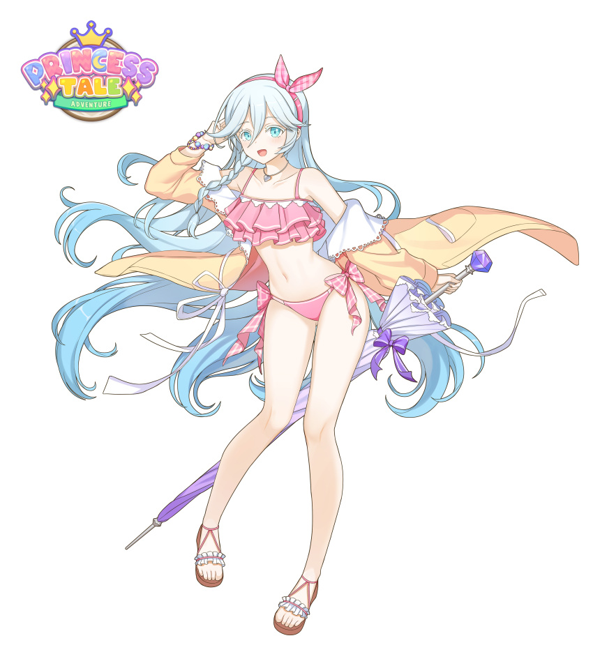 1girl :d absurdres arm_up bare_legs bare_shoulders beach_umbrella bikini blue_eyes frilled_bikini frills full_body gradient_hair hair_between_eyes hairband highres holding jacket jewelry long_hair looking_at_viewer maett multicolored_hair navel necklace off_shoulder official_art open_clothes open_jacket open_mouth pink_bikini princess_tale_adventure sandals side-tie_bikini simple_background smile solo stomach swimsuit thighs umbrella very_long_hair white_background white_hair yellow_jacket