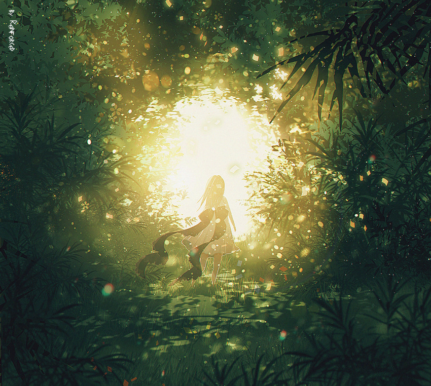 1girl back_bow backlighting black_bow bow bush commentary dress english_commentary green_theme lens_flare medium_hair original outdoors reinforced river signature solo tree wading white_dress
