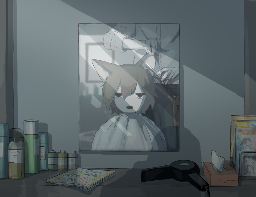 2boys absurdres avogado6 bib black_pants brown_hair commentary_request furry hair_dryer hairdressing highres holding holding_scissors jitome looking_at_viewer mirror multiple_boys original pants reflection scissors shirt tissue_box white_shirt