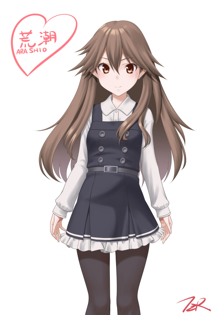 1girl arashio_(kancolle) artist_logo artist_name black_legwear brown_eyes brown_hair buttons character_name commentary_request cowboy_shot dress flat_chest frilled_dress frills highres kantai_collection long_hair long_sleeves looking_at_viewer pantyhose pinafore_dress remodel_(kantai_collection) shirt simple_background solo t2r white_background white_shirt