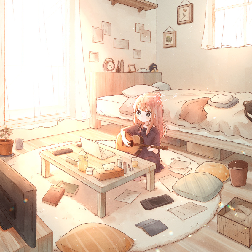 1girl absurdres bed bedroom black_eyes carpet clock computer curtains guitar half_updo highres huge_filesize indoors instrument laptop light_particles lupinus4869 music nintendo_switch orange_hair original pillow plant playing_instrument potted_plant room scenery sitting sunlight table television window