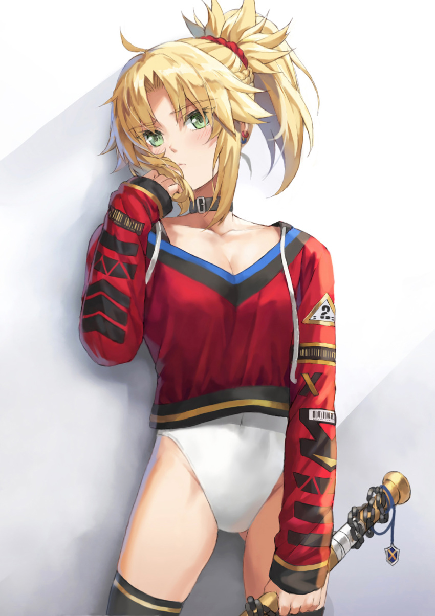 1girl bangs blonde_eyebrows blonde_hair braid breasts closed_mouth collar commentary_request fate/apocrypha fate_(series) french_braid green_eyes hair_ornament hair_scrunchie highres leotard long_hair long_sleeves looking_at_viewer mordred_(fate) mordred_(fate)_(all) no_panties parted_bangs ponytail red_sweater scrunchie small_breasts sweater thighs tonee white_leotard