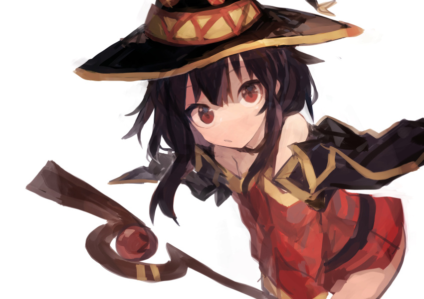 1girl absurdres bangs bare_shoulders belt black_cape brown_hair cape commentary cowboy_shot dress gold_trim hair_between_eyes hat highres holding holding_staff kaamin_(mariarose753) kono_subarashii_sekai_ni_shukufuku_wo! long_hair looking_at_viewer megumin off-shoulder_dress off_shoulder open_mouth parted_lips red_dress red_eyes short_dress sidelocks simple_background solo staff tsurime white_background witch_hat