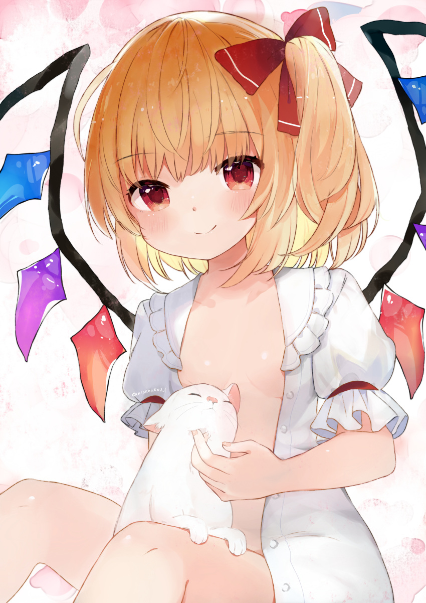 1girl absurdres animal bangs blonde_hair blunt_bangs blush bow breasts cat closed_mouth crystal eyebrows_visible_through_hair feet_out_of_frame flandre_scarlet frilled_shirt_collar frills hair_bow highres looking_at_viewer niseneko_(mofumofu_ga_ienai) no_hat no_headwear one_side_up open_clothes open_shirt petting puffy_short_sleeves puffy_sleeves red_bow red_eyes shirt short_hair short_sleeves simple_background sitting small_breasts smile solo touhou white_background white_shirt wings