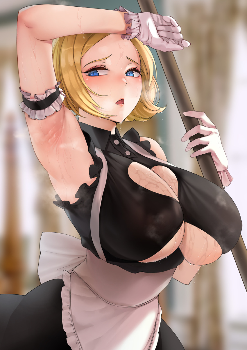1girl absurdres apron armpits black_dress blonde_hair blue_eyes blush breasts cleavage_cutout clothing_cutout dress frilled_armband frills gloves highres large_breasts looking_to_the_side maid multiple_girls mute_(mute89539160) or original short_hair sleeveless sleeveless_dress sweat underboob_cutout waist_apron white_gloves wiping_sweat