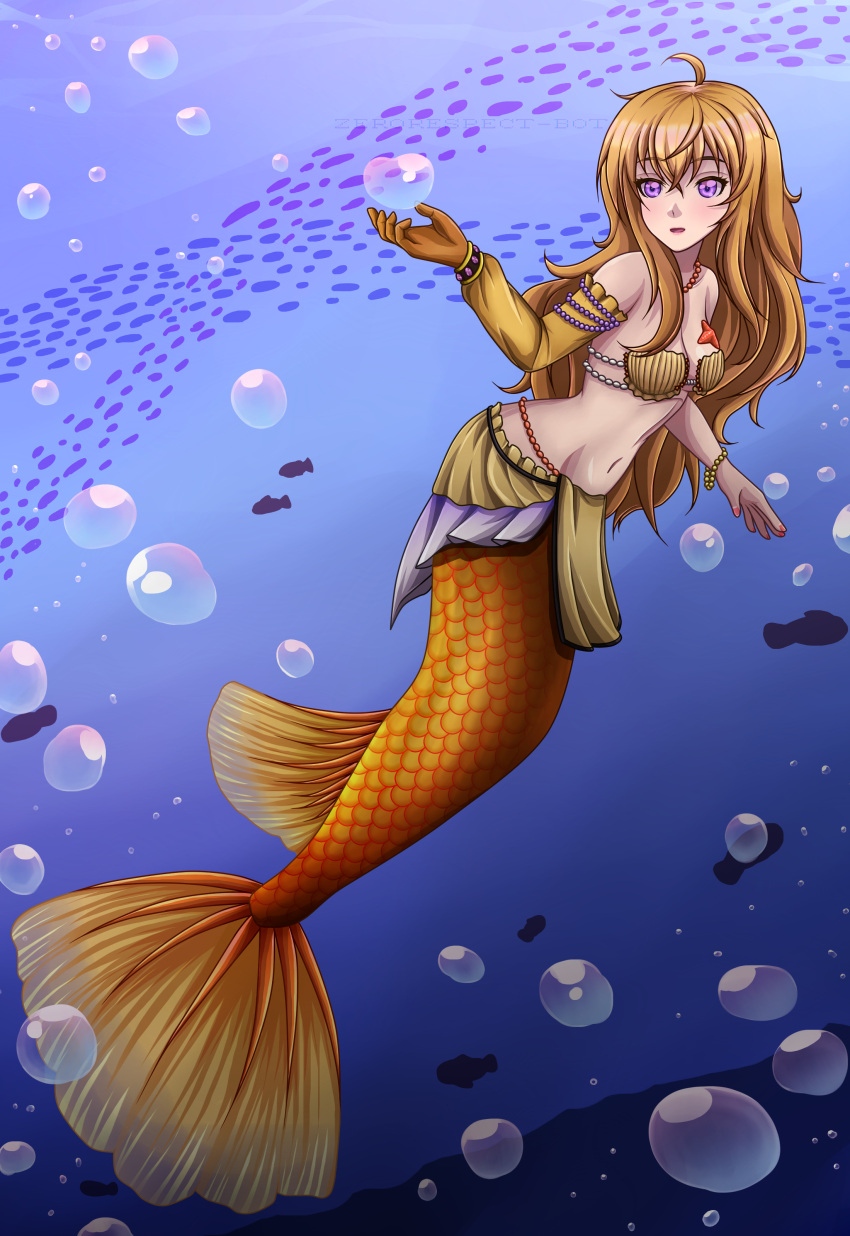1girl ahoge air_bubble blonde_hair breasts collarbone female fish looking_at_viewer mermaid navel necklace open_mouth rwby seashell_bra solo underwater violet_eyes water yang_xiao_long zerorespect_bot