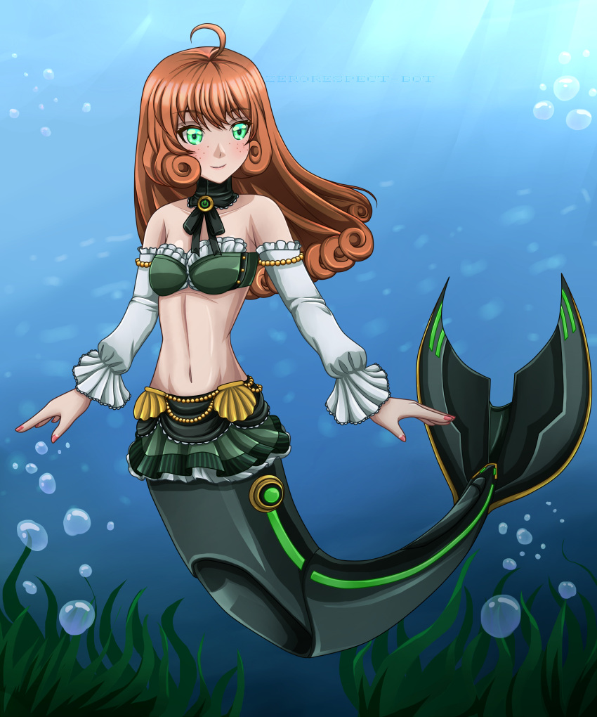 1girl ahoge air_bubble blush eyebrows_visible_through_hair female grass green_eyes long_hair mermaid nail_polish navel orange_hair penny_polendina robot rwby smile solo underwater water zerorespect_bot