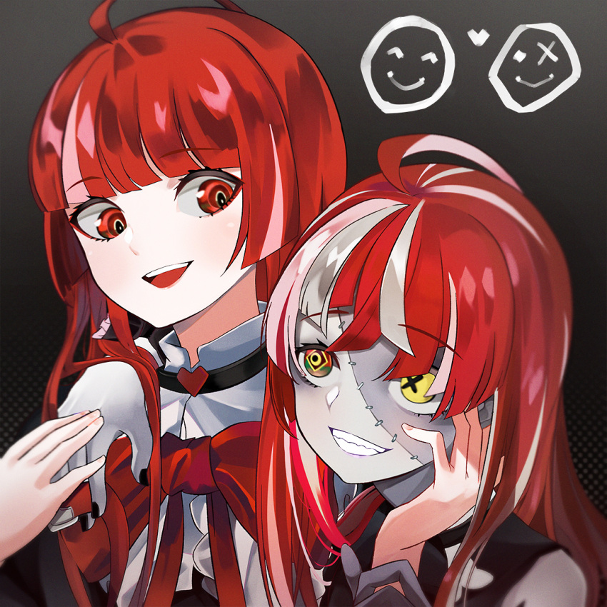 2girls dress dual_persona eyebrows_visible_through_hair frilled_dress frills grin hand_on_another's_face hand_on_another's_shoulder heterochromia hiroikara_(smhong04) hololive kureiji_ollie multicolored_hair multiple_girls olivia_(kureiji_ollie) open_mouth red_eyes redhead ribbon smile stitched_face streaked_hair upper_body virtual_youtuber zombie