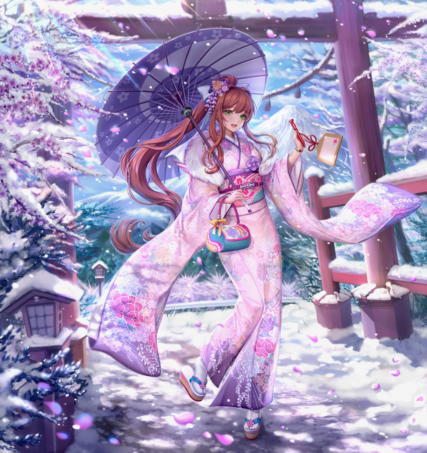 1girl bag brown_hair cherry_blossoms doki_doki_literature_club furisode green_eyes handbag highres japanese_clothes kimono long_hair monika_(doki_doki_literature_club) pen ponytail sammi_hisame sandals snow solo tabi umbrella very_long_hair winter