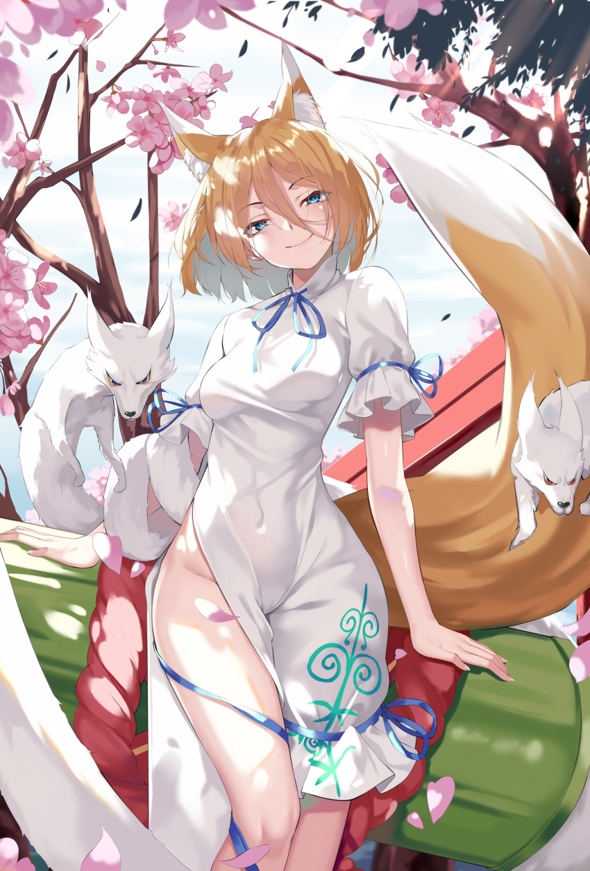 1girl absurdres animal animal_ears aoi_(buzhuen444) bamboo bangs blonde_hair blue_bow blue_eyes blue_neckwear bow breasts cherry_blossoms closed_mouth clouds cloudy_sky colored_skin eyebrows_visible_through_hair eyes_visible_through_hair fox fox_ears fox_tail hair_between_eyes highres jumpsuit kudamaki_tsukasa light looking_at_viewer medium_breasts no_panties petals shadow short_hair short_sleeves sky smile solo standing sunlight tail thighs touhou tree unconnected_marketeers white_jumpsuit white_skin white_sleeves