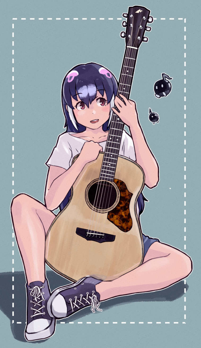 1girl absurdres alternate_costume black_hair casual commentary_request guitar hair_between_eyes highres humboldt_penguin_(kemono_friends) instrument kemono_friends multicolored_hair purple_footwear purple_hair purple_shorts shirt shoes short_hair short_sleeves shorts sitting sneakers solo streaked_hair t-shirt toriny white_hair white_shirt