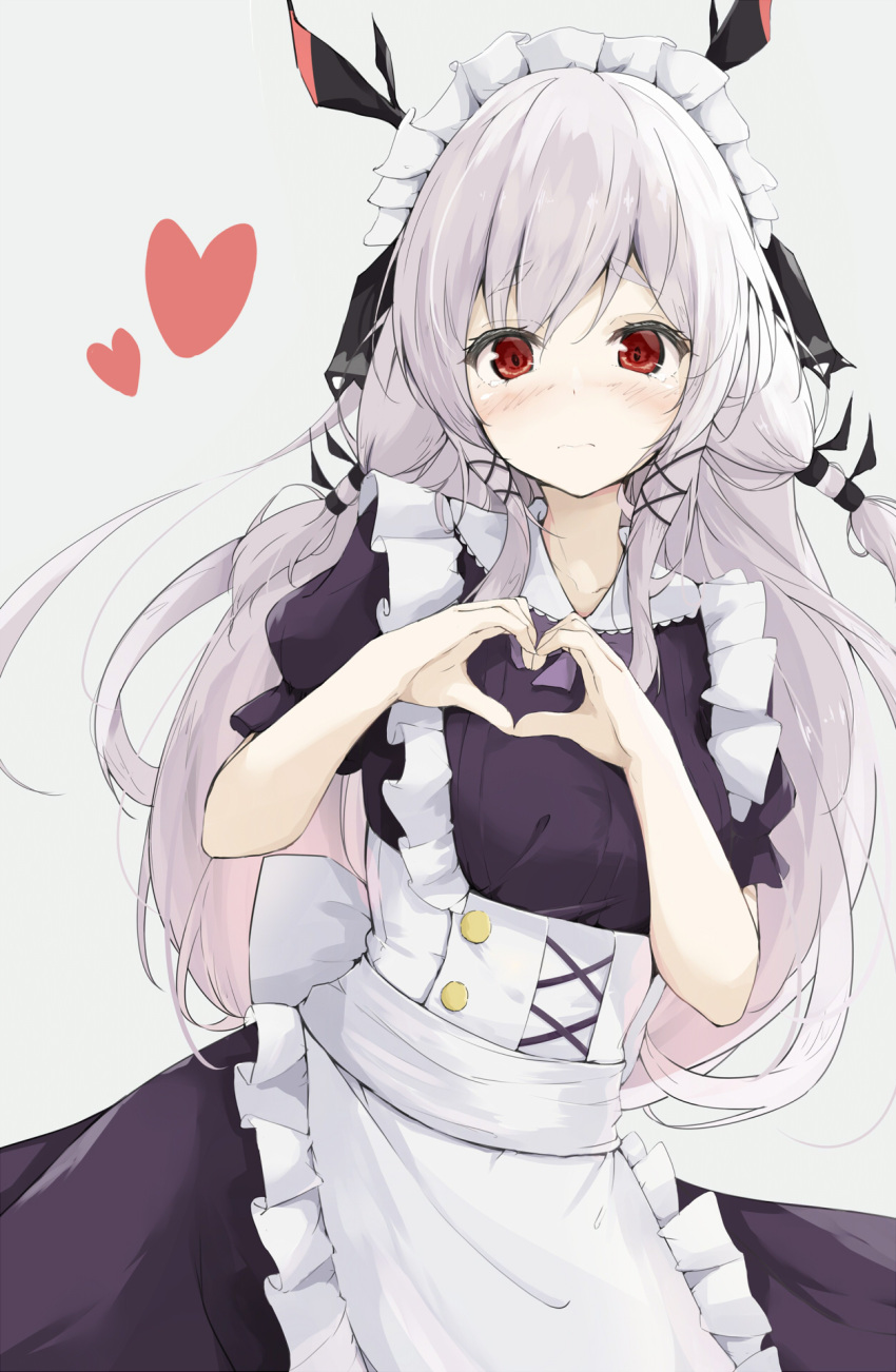 1girl alternate_costume arknights bangs bare_shoulders black_dress black_ribbon blush breasts closed_mouth commentary_request dress embarrassed enmaided eyebrows_visible_through_hair hair_ornament hairband hands_up heart heart_hands highres kusunoki_(gwzx5574) long_hair maid maid_headdress partial_commentary red_eyes ribbon sidelocks silver_hair simple_background small_breasts solo upper_body weedy_(arknights) white_background