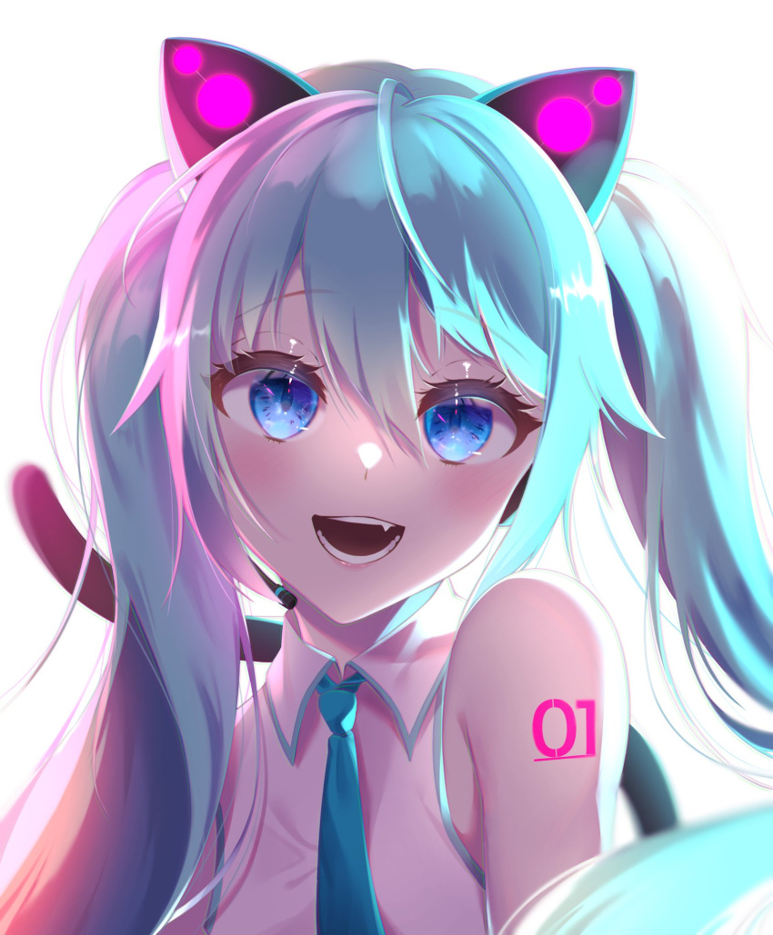 1girl bare_shoulders blackdog_01 blue_eyes blue_neckwear cat_ear_headphones cat_tail eyelashes fang hatsune_miku headphones highres light_blue_hair looking_at_viewer necktie open_mouth shirt smile tail tattoo twintails vocaloid white_background white_shirt