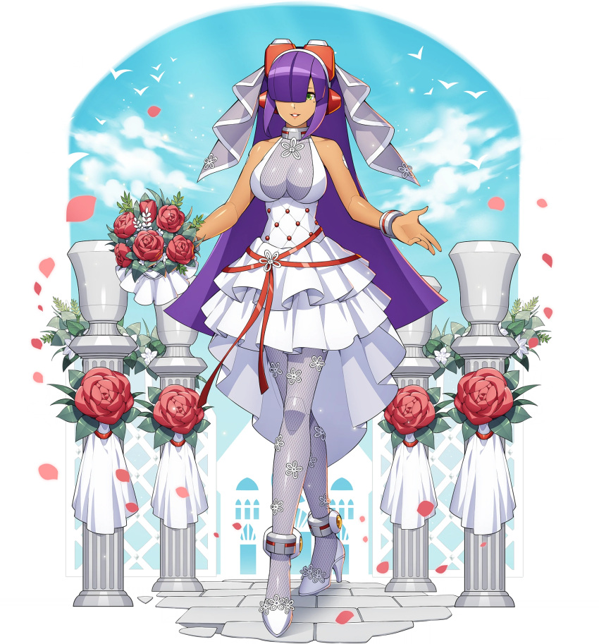 1girl android bare_shoulders bouquet breasts bridal_veil dark_skin dress flower full_body hair_ornament hair_over_one_eye high_heels highres holding joints layer_(mega_man) layered_skirt lips long_hair looking_at_viewer medium_breasts mega_man_(series) mega_man_x_(series) mizuno_keisuke mole mole_under_eye non-web_source official_art pantyhose parted_lips purple_hair robot_joints rockman_x_dive shiny shiny_hair skirt sleeveless sleeveless_dress smile solo standing veil wedding_dress white_dress white_footwear