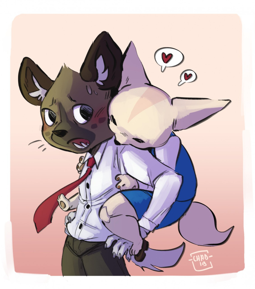 1boy 1girl aggressive_retsuko business_suit buttons chadw claws closed_eyes couple fennec_fox fenneko formal furry furry_with_furry haida_(aggretsuko) heart highres hug hug_from_behind hyena looking_back necktie office_lady pawpads paws sanrio sharp_teeth simple_background suit surprised sweat tail teeth thought_bubble
