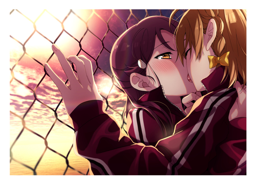 2girls blush bow braid chain-link_fence closed_eyes clouds commentary_request eyebrows_visible_through_hair fence french_kiss hair_bow half_updo hand_on_another's_chin highres jacket kiss kougi_hiroshi long_hair love_live! love_live!_sunshine!! multiple_girls orange_eyes orange_hair outdoors purple_hair red_jacket sakurauchi_riko short_hair side_braid sunset takami_chika tearing_up tongue track_jacket yellow_bow yuri