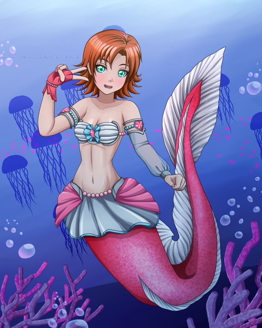 1girl air_bubble blush breasts cleavage collarbone female jellyfish looking_at_viewer mermaid navel nora_valkyrie orange_hair rwby short_hair solo underwater zerorespect_bot