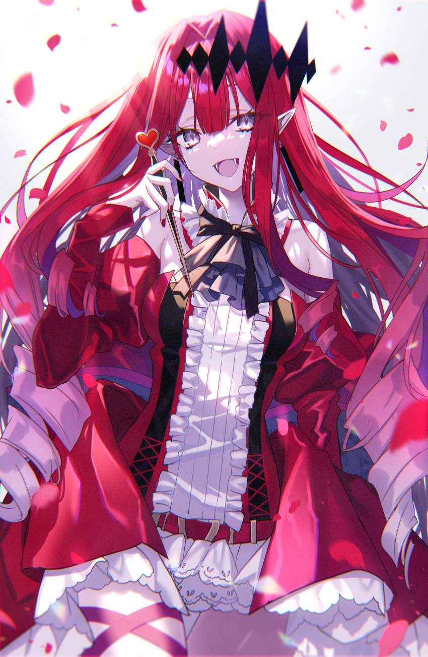 1girl bangs bare_shoulders breasts center_frills circlet detached_collar detached_sleeves dress earrings fangs fate/grand_order fate_(series) frills fuyuki_(neigedhiver) grey_eyes highres jewelry long_hair looking_at_viewer medium_breasts open_mouth pink_hair pointy_ears red_dress sidelocks smile solo thighs tristan_(fairy_knight)_(fate)