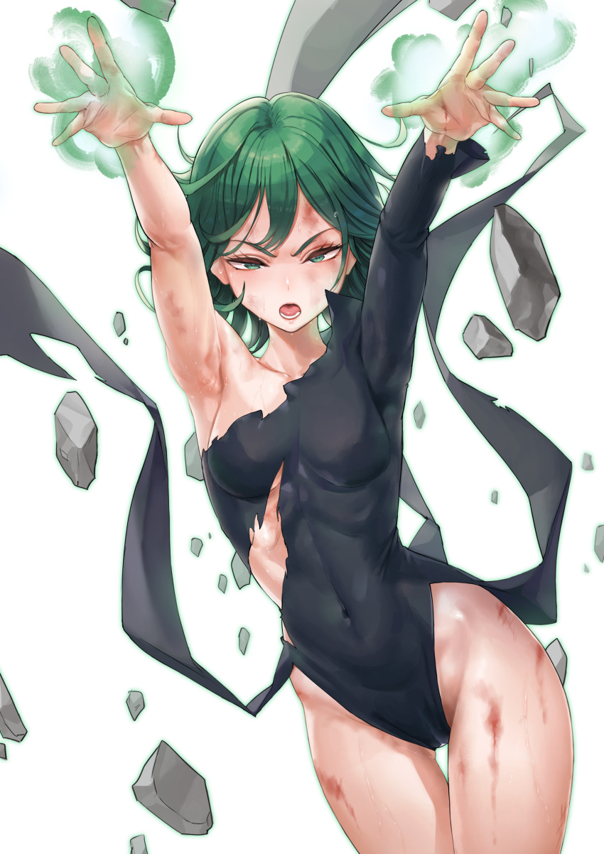 1girl absurdres armpits arms_up aura black_dress breasts bruise bruise_on_face collarbone covered_navel cowboy_shot curly_hair dress green_eyes green_hair highres injury looking_at_viewer magic medium_hair mute_(mute89539160) one-punch_man open_mouth rubble scratches small_breasts solo sweat tatsumaki teeth telekinesis thigh_gap thighs torn_clothes torn_dress v-shaped_eyebrows