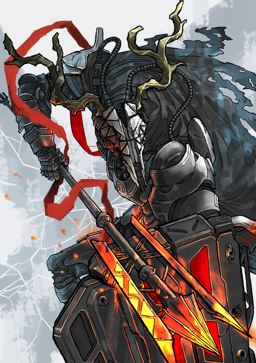 absurdres antlers arknights armor black_cape cape full_armor gauntlets glowing glowing_eyes halberd helmet highres holding holding_weapon horns metallightheart patriot_(arknights) pauldrons polearm shield shoulder_armor solo weapon