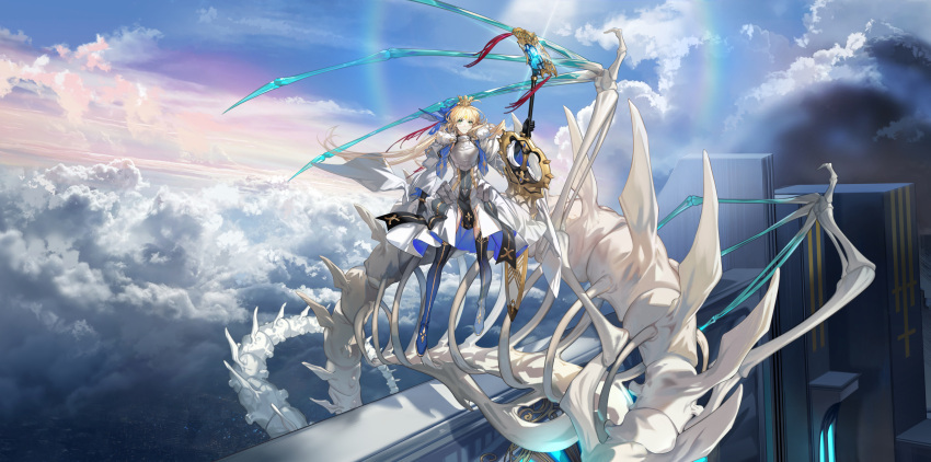 1girl absurdres arlizi armor armored_dress artoria_pendragon_(all) artoria_pendragon_(caster)_(fate) black_gloves blonde_hair blue_bow blue_footwear bone boots bow closed_mouth clouds crown dress facial_mark fate/grand_order fate_(series) forehead_mark full_body gloves green_eyes hair_bow highres holding holding_staff legs_apart long_hair looking_at_viewer serious sky solo staff standing thigh-highs thigh_boots white_dress