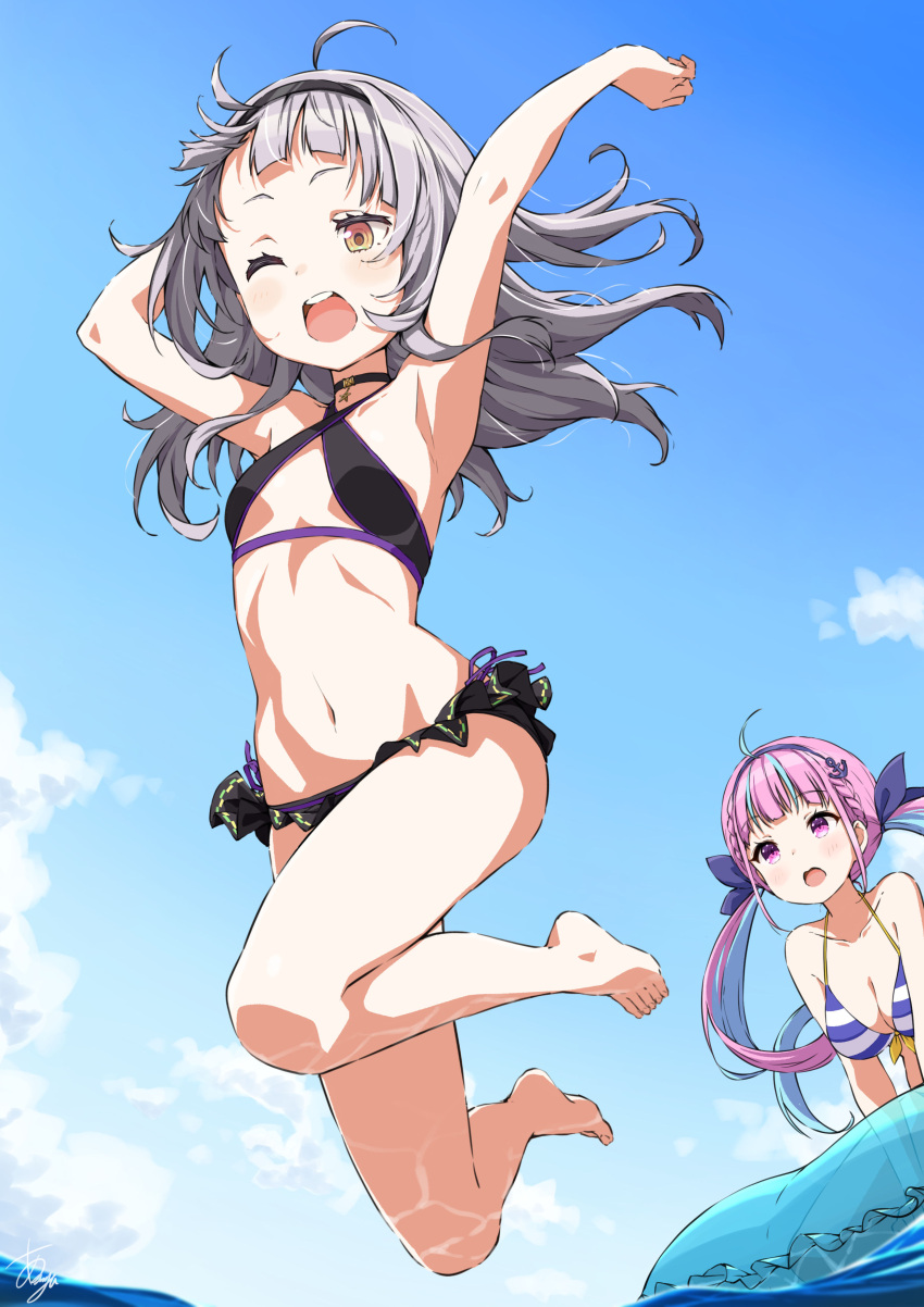 2girls absurdres ahoge arm_up armpits asanaya barefoot bikini black_bikini black_choker black_hairband blue_hair blue_hairband blue_sky breasts choker clouds collarbone day hairband highres hololive jumping long_hair looking_at_another medium_breasts minato_aqua multicolored_hair multiple_girls murasaki_shion ocean one_eye_closed open_mouth purple_hair silver_hair sky striped striped_bikini swimsuit twintails two-tone_hair upper_teeth violet_eyes virtual_youtuber water yellow_eyes