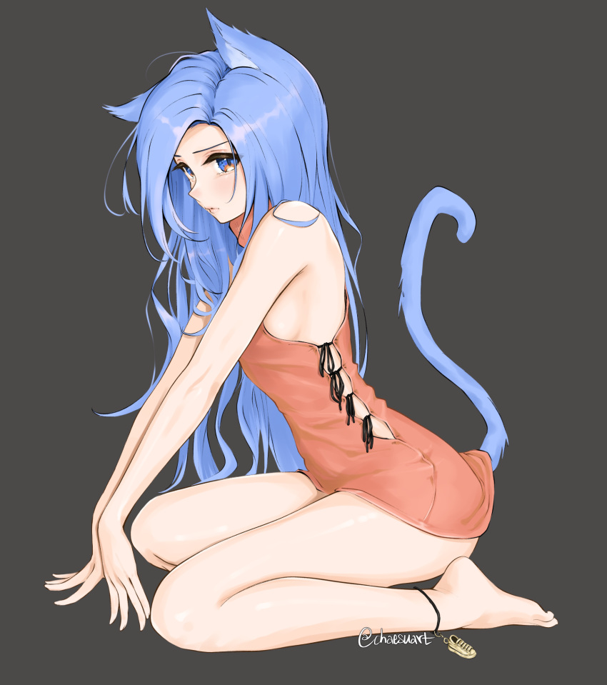 1girl animal_ears anklet artist_name bare_arms bare_legs bare_shoulders barefoot black_background blue_eyes blue_hair cat_ears cat_tail chaesu commentary dress highres jewelry kemonomimi_mode long_hair looking_at_viewer microdress minah_(chaesu) orange_dress original simple_background sitting solo tail thighs twitter_username wariza