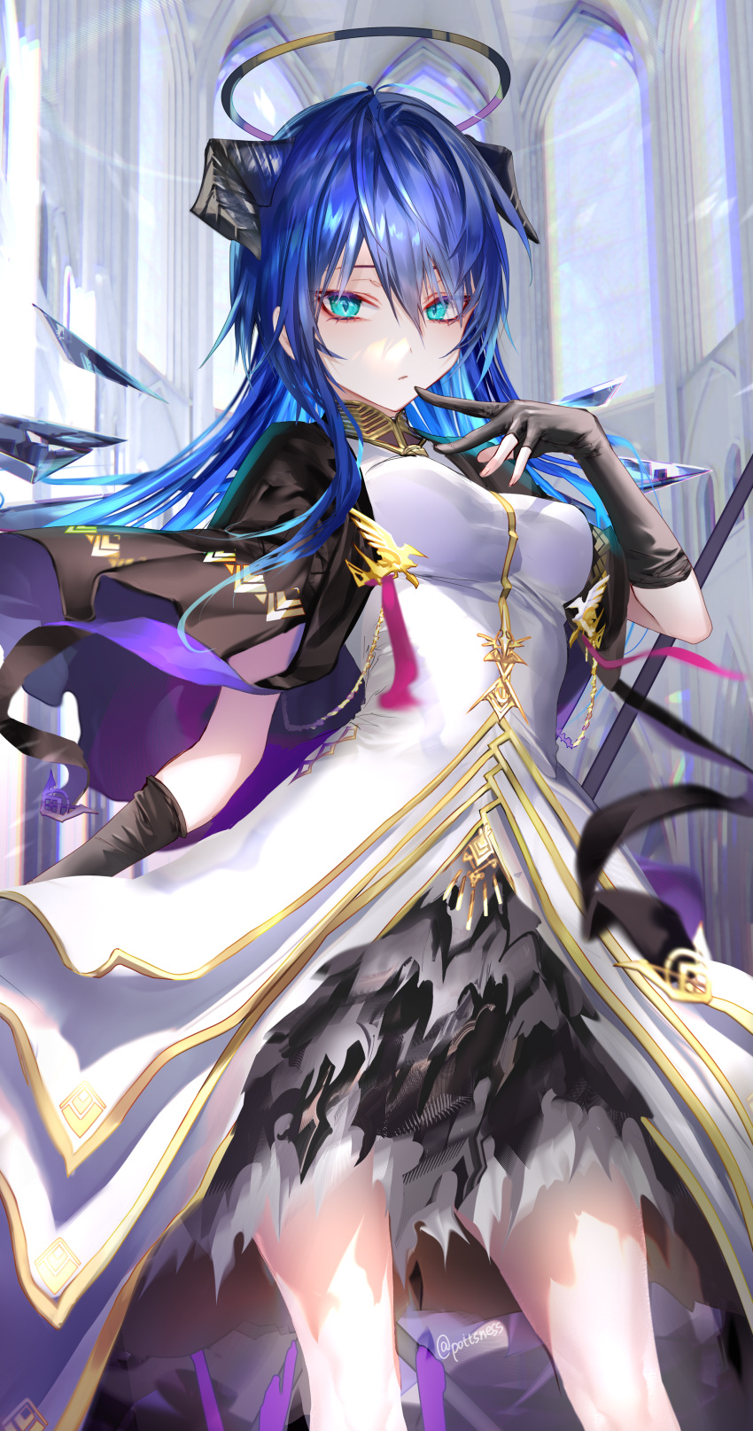1girl absurdres antenna_hair arknights bangs black_gloves blue_eyes blue_hair breasts demon_horns detached_wings dress elbow_gloves energy_wings feet_out_of_frame finger_to_mouth fingerless_gloves floating_clothes gloves hair_between_eyes halo highres horns indoors long_hair looking_at_viewer medium_breasts mostima_(arknights) mostima_(spellbreaker)_(arknights) official_alternate_costume pottsness solo thighs twitter_username white_dress wings