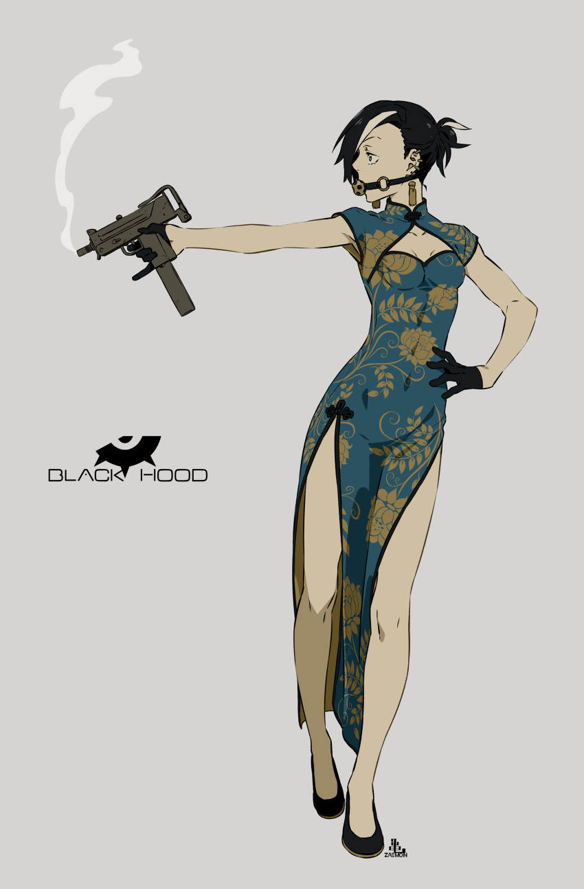 1girl absurdres black_gloves black_hair blue_eyes breasts china_dress chinese_clothes covered_nipples dress ear_piercing floral_print full_body gag gloves grey_background gun hand_on_hip highres holding holding_gun holding_weapon kamezaemon mini_uzi original piercing ponytail simple_background solo submachine_gun weapon white_hair