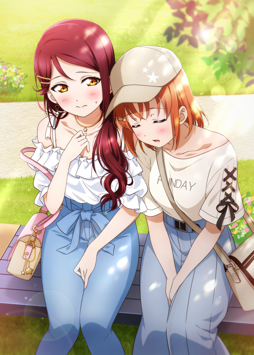 2girls absurdres bag bangs baseball_cap beige_headwear bench between_legs blouse blue_pants blue_skirt blush closed_eyes closed_mouth collarbone commentary_request day flower from_above grass hair_ornament hairclip hand_between_legs handbag hands_on_lap hat highres jewelry kougi_hiroshi lens_flare light_particles long_hair love_live! love_live!_sunshine!! multiple_girls necklace off-shoulder_shirt off_shoulder open_mouth orange_hair outdoors pants pink_flower redhead sakurauchi_riko shirt shirt_tucked_in short_hair shoulder_bag sitting skirt sleeping sleeping_on_person star_(symbol) star_necklace sunlight sweatdrop takami_chika white_blouse yellow_flower yuri