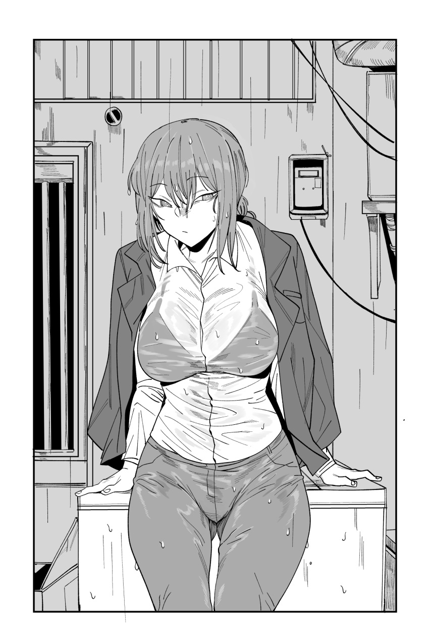 1girl bra_through_clothes breasts business_suit chainsaw_man coat collared_shirt formal highres hoshii_miki long_hair makima_(chainsaw_man) medium_hair necktie pants ringed_eyes see-through shirt solo suit urec wet wet_clothes wet_shirt white_shirt