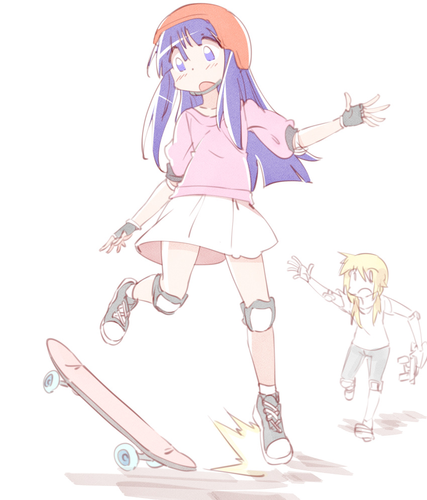 2girls absurdres black_footwear blonde_hair blunt_ends elbow_pads fingerless_gloves gloves helmet highres hinata_yukari ichii_yui knee_pads leg_up long_hair majormilk multiple_girls open_mouth purple_hair red_headwear shoes skateboard skateboarding skirt sneakers white_background white_skirt yuyushiki