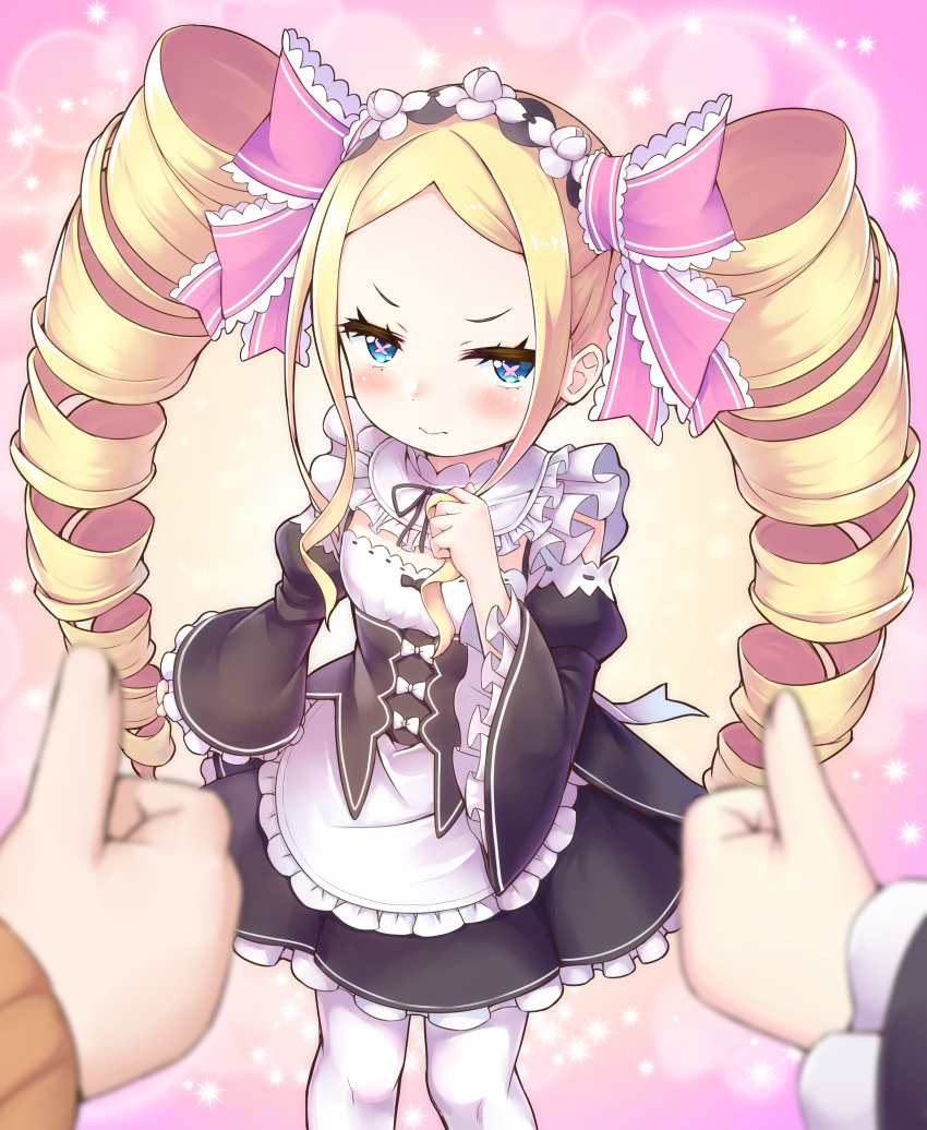 1boy 2girls absurdres apron bangs beatrice_(re:zero) black_ribbon blonde_hair blue_eyes blurry blurry_foreground blush bow breasts closed_mouth commentary_request depth_of_field dress drill_hair frilled_dress frills hair_ribbon hand_up highres juliet_sleeves long_hair long_sleeves looking_at_viewer maid multiple_girls natsuki_subaru neck_ribbon pantyhose pink_background puffy_sleeves re:zero_kara_hajimeru_isekai_seikatsu rem_(re:zero) ribbon roswaal_mansion_maid_uniform s_(hdru2332) small_breasts solo_focus sparkle twin_drills white_bow white_legwear