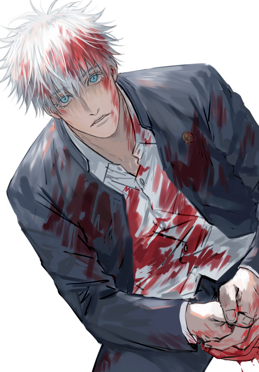 1boy absurdres bamthelapis bangs black_jacket black_pants blood blood_on_face bloody_clothes bloody_hair bloody_hands blue_eyes cowboy_shot gojou_satoru hair_between_eyes highres jacket jujutsu_kaisen long_sleeves looking_at_viewer male_focus own_hands_together pants parted_lips shirt short_hair simple_background sitting solo white_background white_hair white_shirt