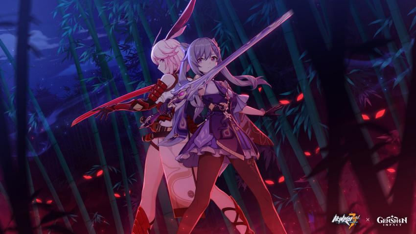 2girls animal_ears armor artist_request bamboo bamboo_forest bangs bare_shoulders black_gloves brown_legwear closed_mouth clouds cloudy_sky company_connection crossover double_bun dress forest fox_ears genshin_impact gloves glowing glowing_eyes hair_between_eyes hair_ornament highres holding holding_sword holding_weapon honkai_(series) honkai_impact_3rd japanese_armor japanese_clothes katana keqing_(genshin_impact) leggings looking_at_another mihoyo_technology_(shanghai)_co._ltd. multiple_girls nature night night_sky official_art outdoors pink_hair purple_dress purple_hair red_eyes sky sword violet_eyes weapon yae_sakura yae_sakura_(flame_sakitama)