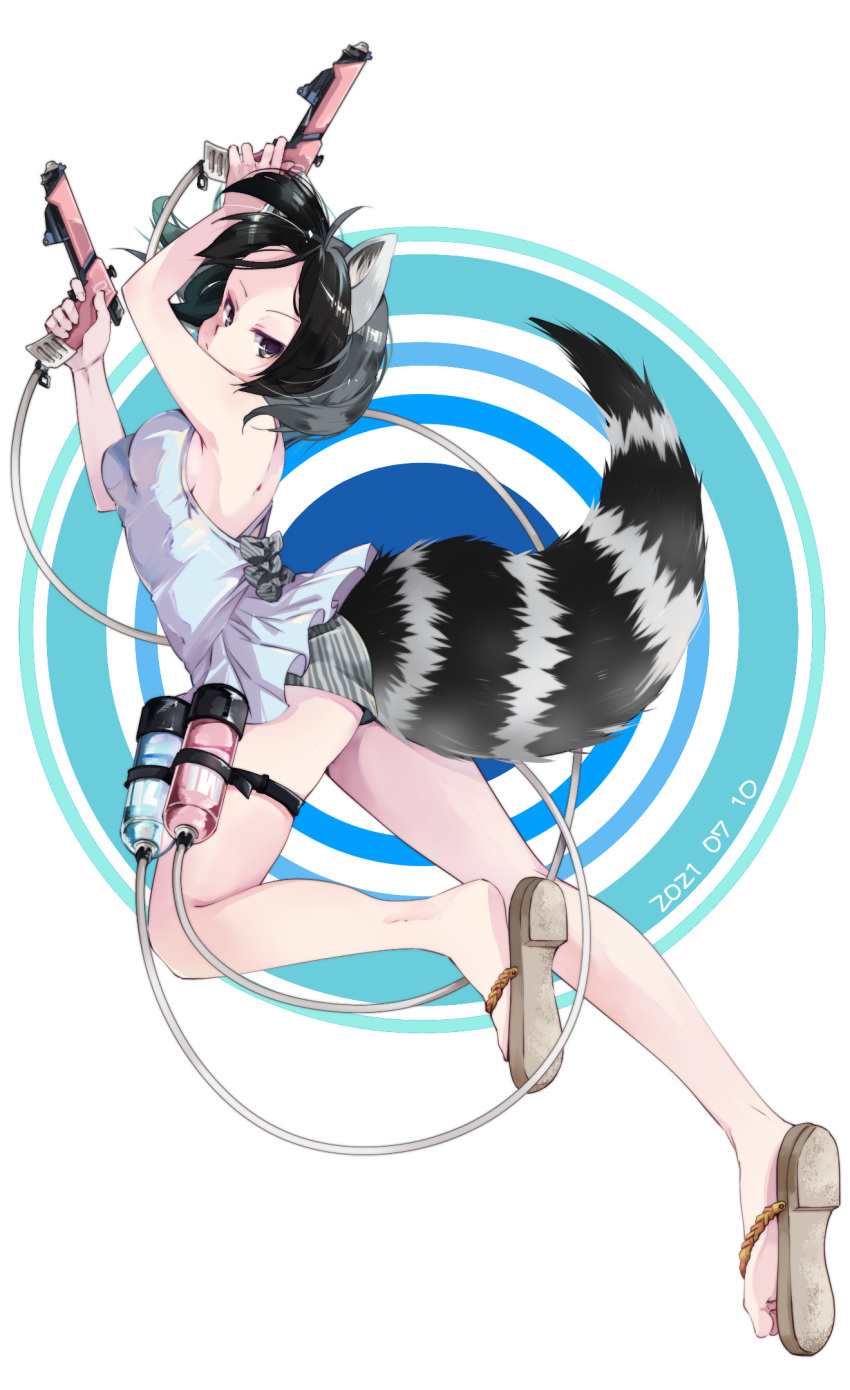 1girl :/ alternate_costume animal_ears armpits arms_up ass back back_bow bare_arms bare_legs black_hair bow breasts casual closed_mouth common_raccoon_(kemono_friends) contemporary dated dress dual_wielding flat_ass floating_hair from_side full_body grey_hair highres holding holding_water_gun kemono_friends looking_at_viewer medium_hair multicolored_hair nanana_(nanana_iz) outstretched_leg raccoon_ears raccoon_girl raccoon_tail sandals short_dress short_shorts shorts shorts_under_dress sideboob sleeveless sleeveless_dress small_breasts soles solo tail thigh_strap toes twisted_torso two-tone_hair water_gun