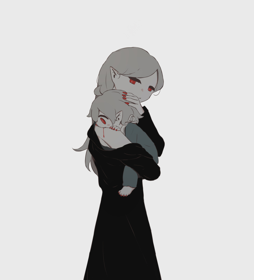 absurdres avogado6 baby barefoot black_dress closed_mouth commentary_request dress from_side grey_hair highres holding_baby long_dress long_hair long_sleeves mother_and_son original pointy_ears red_eyes red_nails simple_background smile toenails vampire white_background