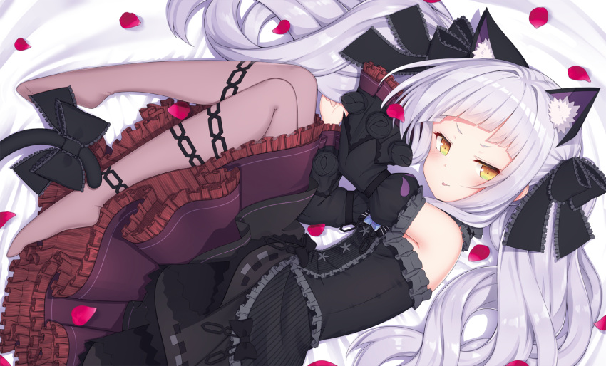 1girl :p animal_ear_fluff animal_ears arms_up bangs bare_shoulders bed_sheet black_bow black_dress black_sleeves bow brown_eyes brown_legwear cat_ears closed_mouth commentary_request detached_sleeves dress frilled_bow frilled_dress frills full_body hair_bow highres hololive juliet_sleeves knees_up long_hair long_sleeves lying murasaki_shion no_shoes on_side pantyhose petals puffy_sleeves sasakura_momiji silver_hair smile solo tongue tongue_out twintails v-shaped_eyebrows very_long_hair virtual_youtuber wide_sleeves