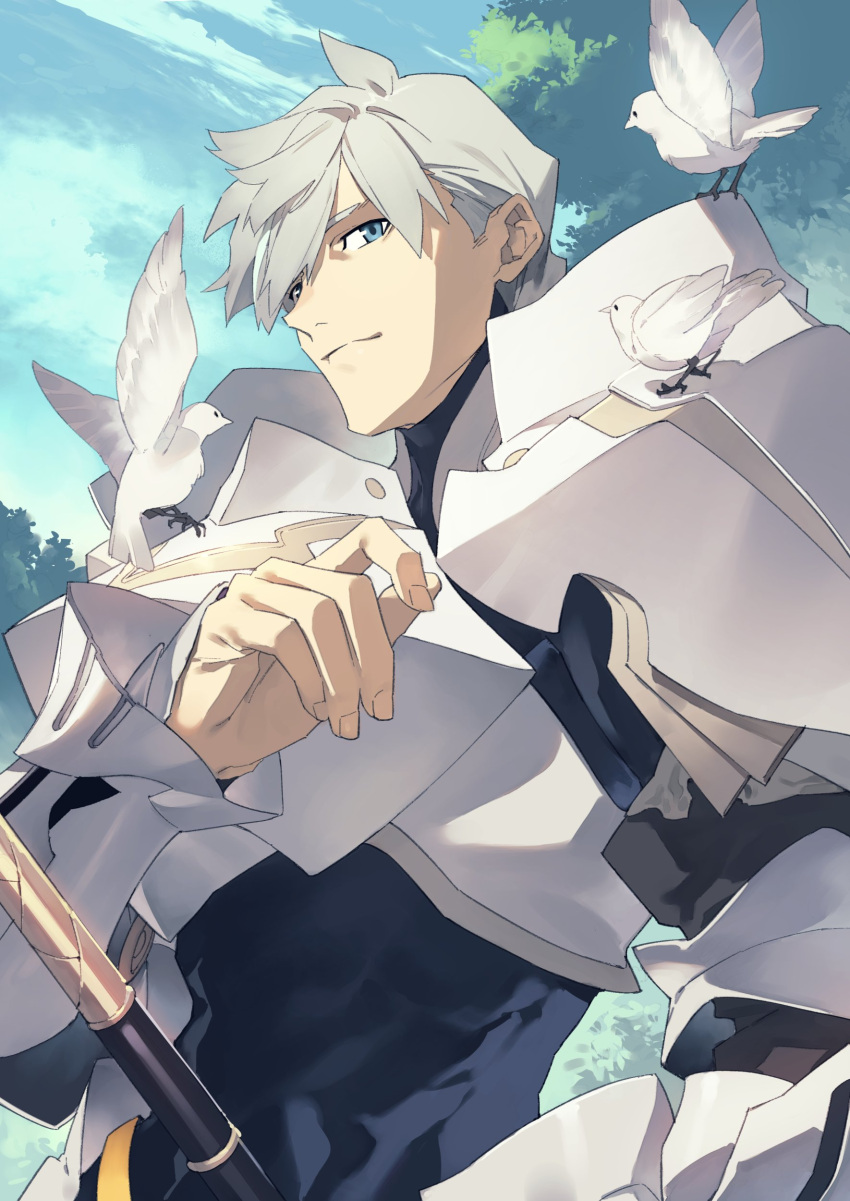 1boy absurdres animal animal_on_shoulder armor bird bird_on_shoulder blue_eyes breastplate closed_mouth clouds commentary_request dove eyebrows_behind_hair fate/grand_order fate_(series) hand_up highres male_focus pauldrons percival_(fate) polearm shiramine_(srmn09) short_hair shoulder_armor solo tree upper_body vambraces weapon white_hair