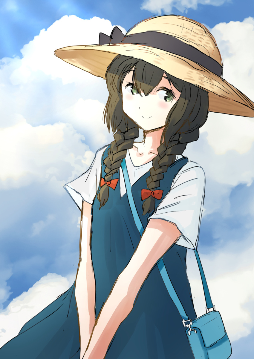 1girl bag black_eyes black_hair blouse blue_dress braid commentary_request dress fuji_(pixiv24804665) hair_between_eyes hair_over_one_eye hat highres isonami_(kancolle) kantai_collection official_alternate_costume sidelocks solo sun_hat sundress twin_braids v_arms white_blouse