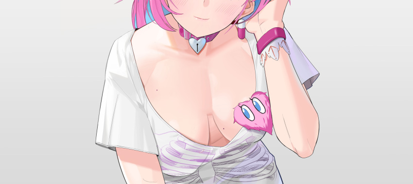 1girl absurdres blue_hair blush bone_print bracelet breasts breasts_apart collarbone earrings grey_background hand_on_own_head head_out_of_frame heart highres idolmaster idolmaster_cinderella_girls jewelry kibawa leaning_forward leather_collar loose_clothes loose_shirt mole mole_on_breast multicolored_hair pill_earrings pink_hair print_shirt shirt short_hair short_sleeves simple_background smile solo two-tone_hair upper_body yumemi_riamu
