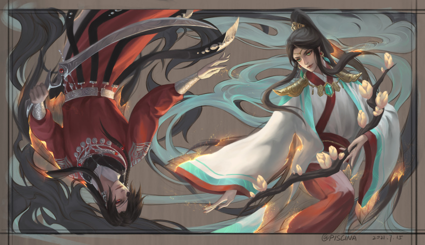 2boys absurdres aqua_eyes artist_name black_hair chinese_clothes circlet dated dreamingpool earrings eyepatch highres holding holding_sword holding_weapon hua_cheng jewelry long_hair looking_at_another male_focus multiple_boys redhead sword tian_guan_ci_fu weapon xie_lian