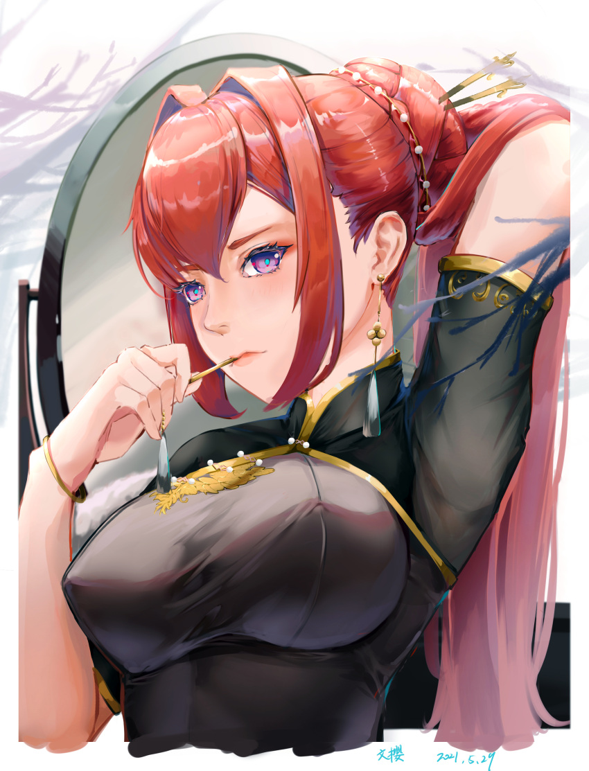 1girl 2021 absurdres arm_up azur_lane black_dress breasts china_dress chinese_clothes dress earrings gold_trim hand_in_hair highres jewelry large_breasts long_hair monarch_(azur_lane) monarch_(black_qipao)_(azur_lane) official_alternate_costume redhead short_sleeves signature solo taut_clothes taut_dress upper_body violet_eyes wenying