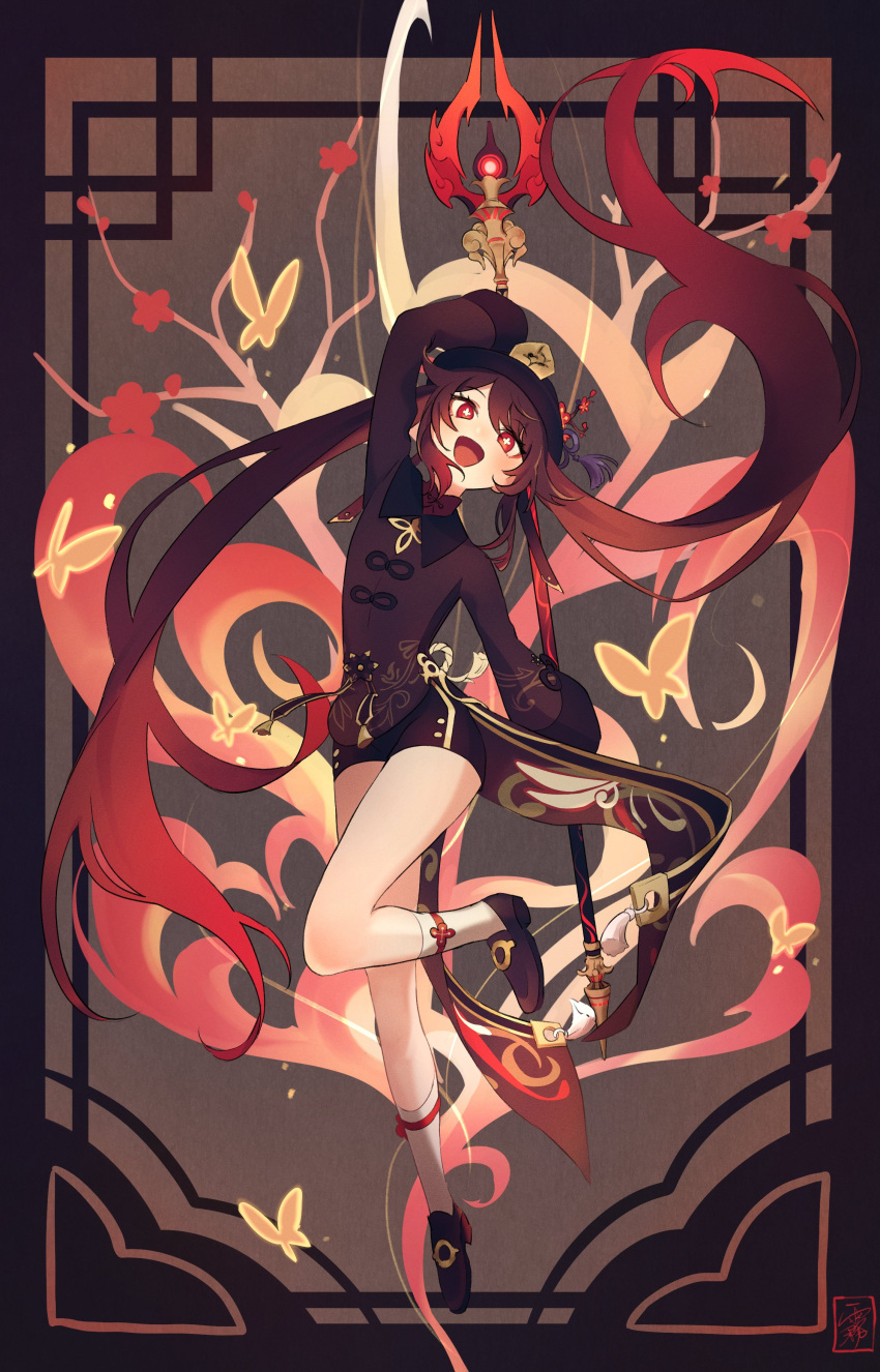 1girl absurdres arm_up black_headwear black_shorts brown_hair bug butterfly flower full_body genshin_impact hanakiri22 highres hu_tao_(genshin_impact) insect long_hair long_sleeves looking_at_viewer open_mouth plum_blossoms polearm red_eyes short_shorts shorts smile socks star-shaped_pupils star_(symbol) symbol-shaped_pupils tailcoat twintails very_long_hair weapon